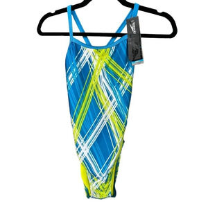 NWT Speedo Women's Laser Neon/Blue Tech Race One Piece Swimsuit Size 6/32